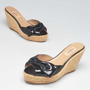 Valentino Black Patent Leather Espadrille Bow Wedges Size 5.5/36